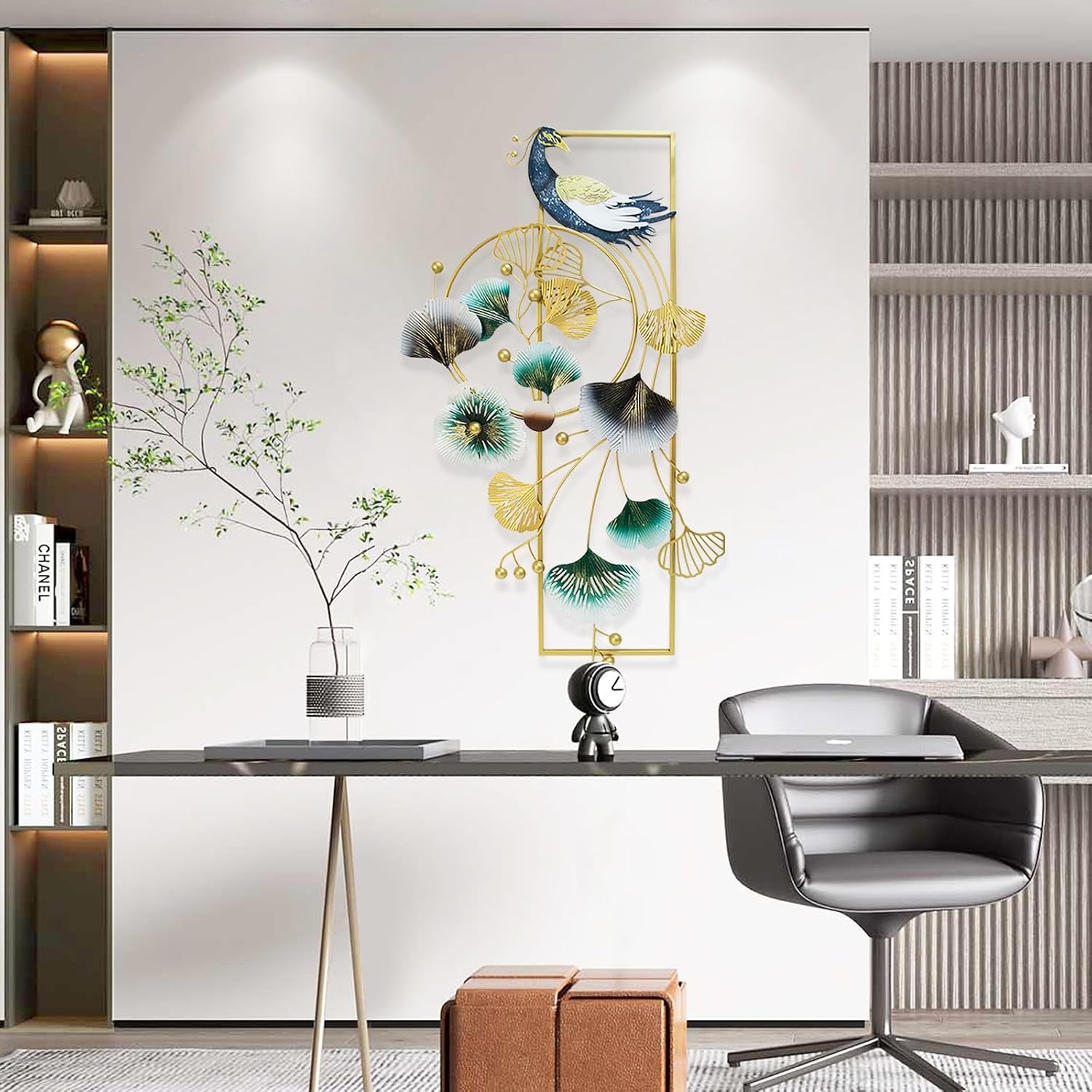 Wanddeko Wohnzimmer, 89 X 45Cm 3D Wanddekoration Wohnzimmer Wall Wanddeko Pfau Und Ginkgo Blätter Metall Wand Deko Hängende Esszimmer Korridor Wanddekoration 3D Wandbild Wall Decor