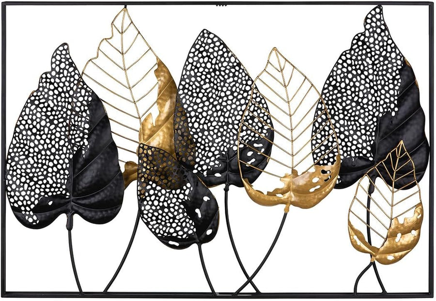 GILDE Deko Bild XXL Blätter - Metall Wanddekoration Rechteckig - Dekoration Wohnzimmer - Farben: Schwarz Gold Silber - 95 X 65 Cm