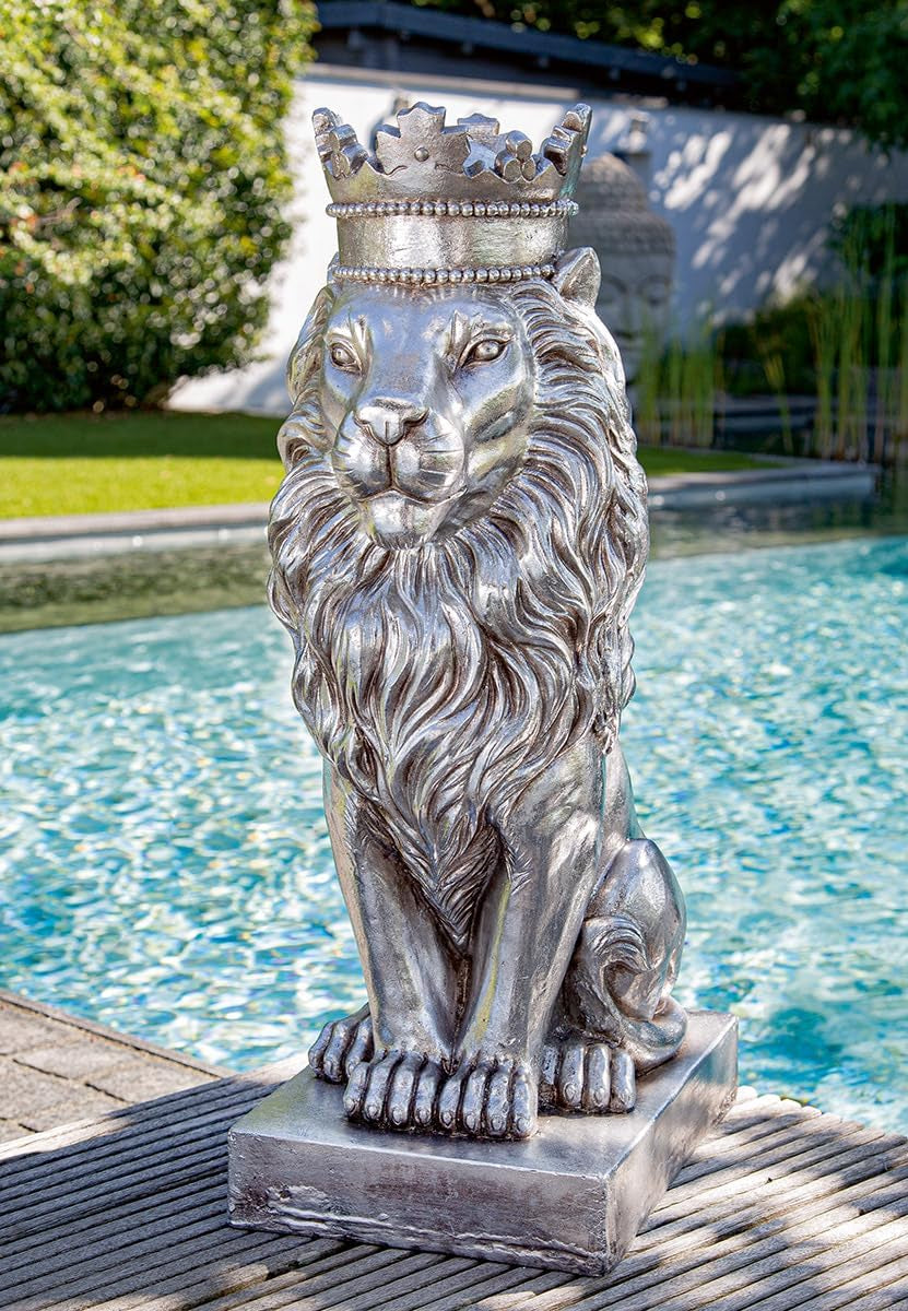 Casablanca Skulptur Löwe - Höhe 70 Cm - Silber Aus Magnesia - Antikfinish - Dekoration Tierfigur - Kunst Wohnaccessoire - Garten