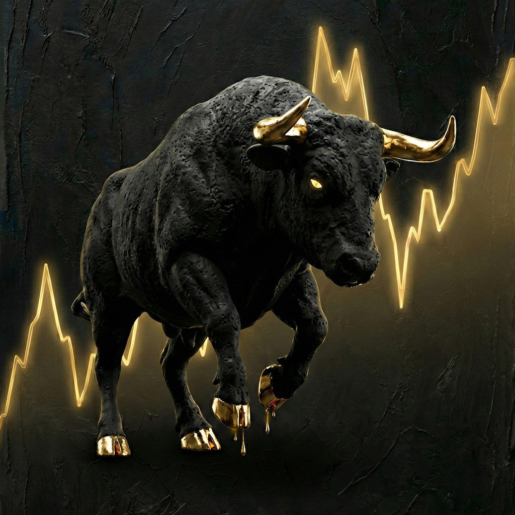 [THE GOLDEN BULL | Wall Street Trading Art | Börsen & Mindset Wandbild für Trader | Luxus Büro Deko Gold] - Luxus Wandbild mit 24 Karat Gold | Dark Luxury Interior & Wanddekoration.