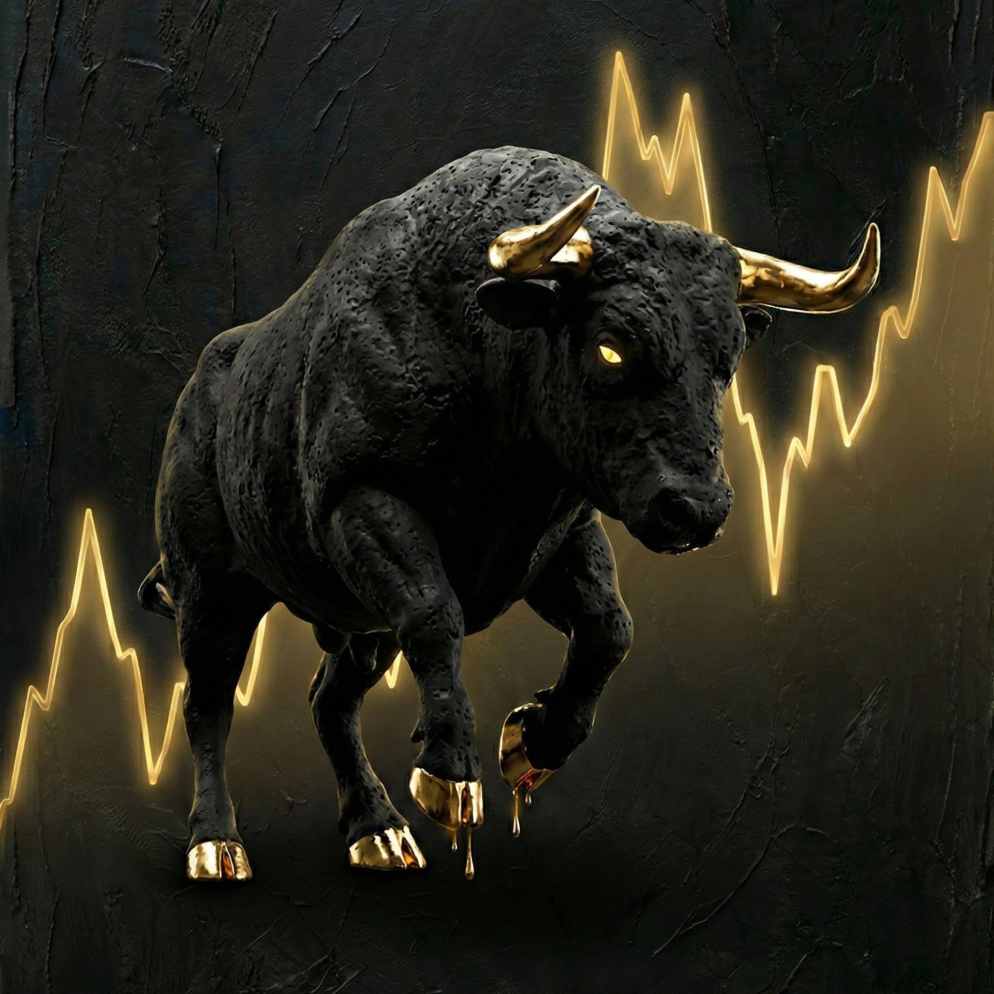 [THE GOLDEN BULL | Wall Street Trading Art | Börsen & Mindset Wandbild für Trader | Luxus Büro Deko Gold] - Luxus Wandbild mit 24 Karat Gold | Dark Luxury Interior & Wanddekoration.