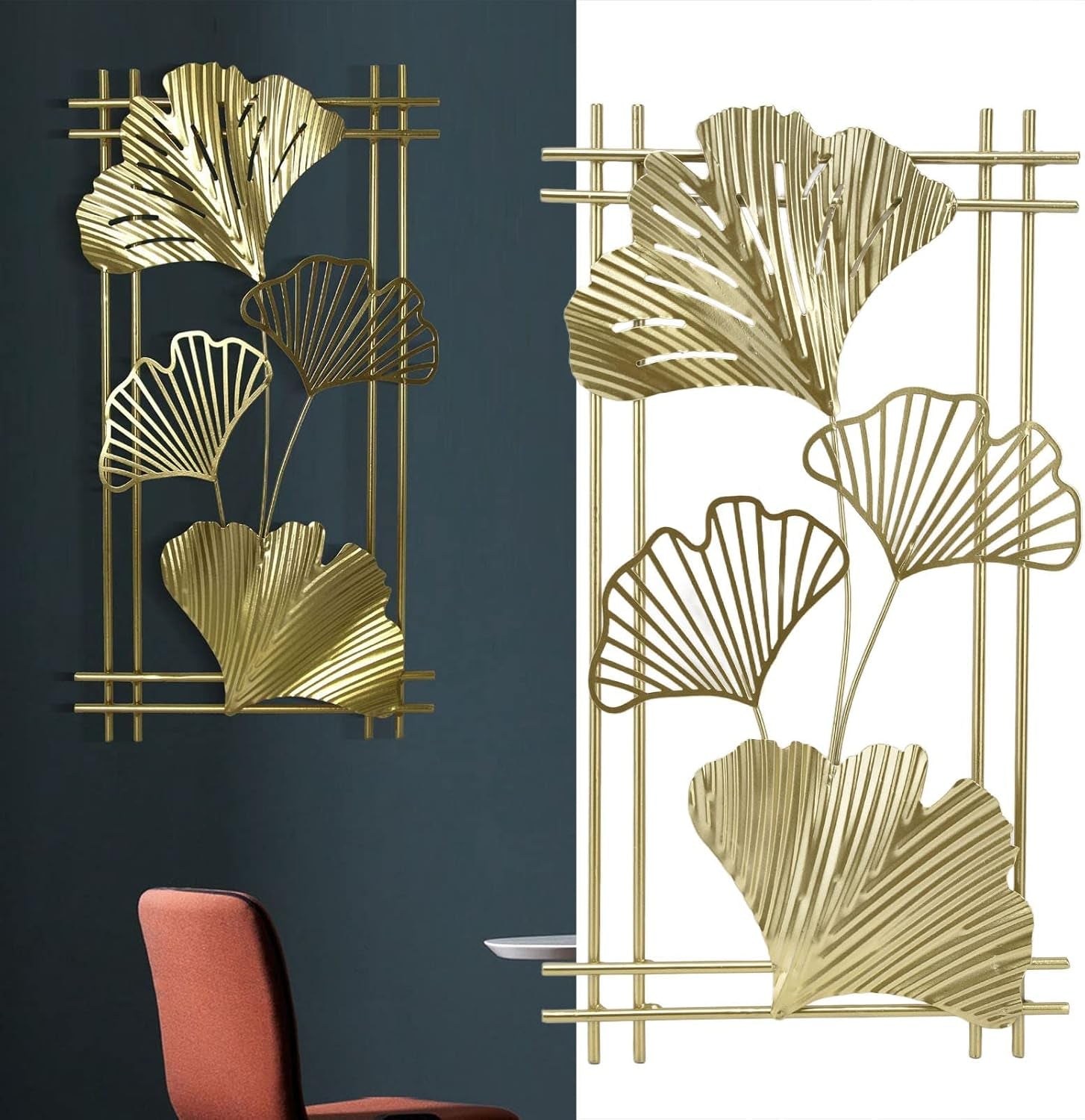 Goldene Metall-Wanddekoration, Alltägliche Dekoration Andere Dekorationsartikel Goldenes Blatt, Wandbehang, Kunstskulptur Mit Rahmen Für Wohnzimmer, Büro, Zuhause, Hotel