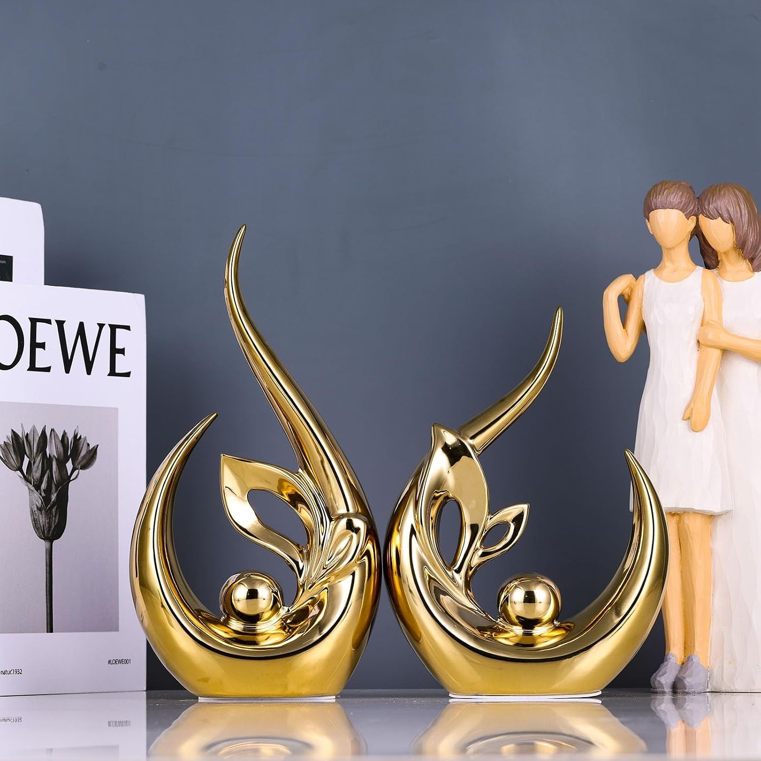 XMGZQ Gold Keramik Statue Satz Von 2,Moderne Abstrakte Skulptur Design,24 Cm Porzellan Figuren Haus Deko,Tischdekoration Für Wohnzimmer,Schlafzimmer,Esszimmer,Büro,Kunststatue