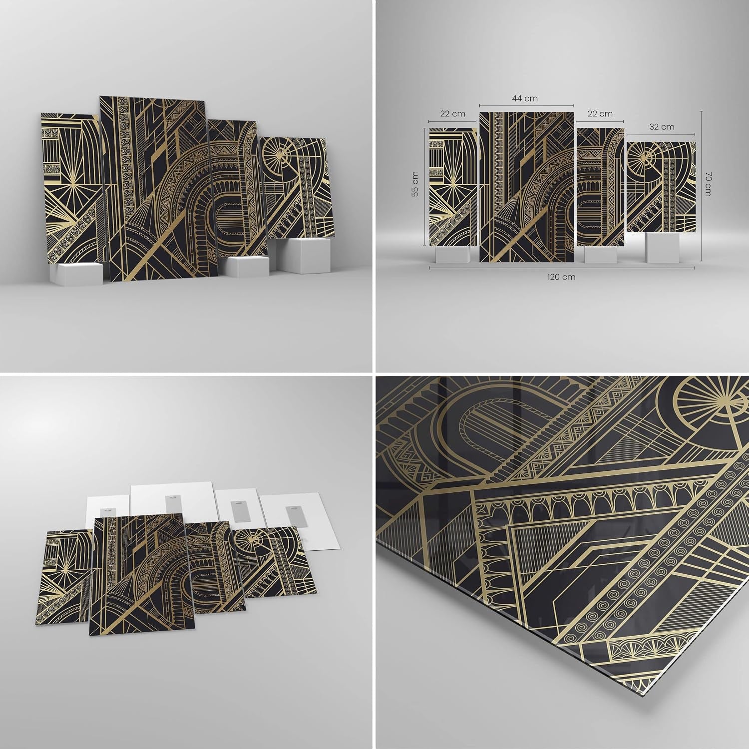 Ornament Gold Glasbild Schwarz-Gold 120 x 70 cm