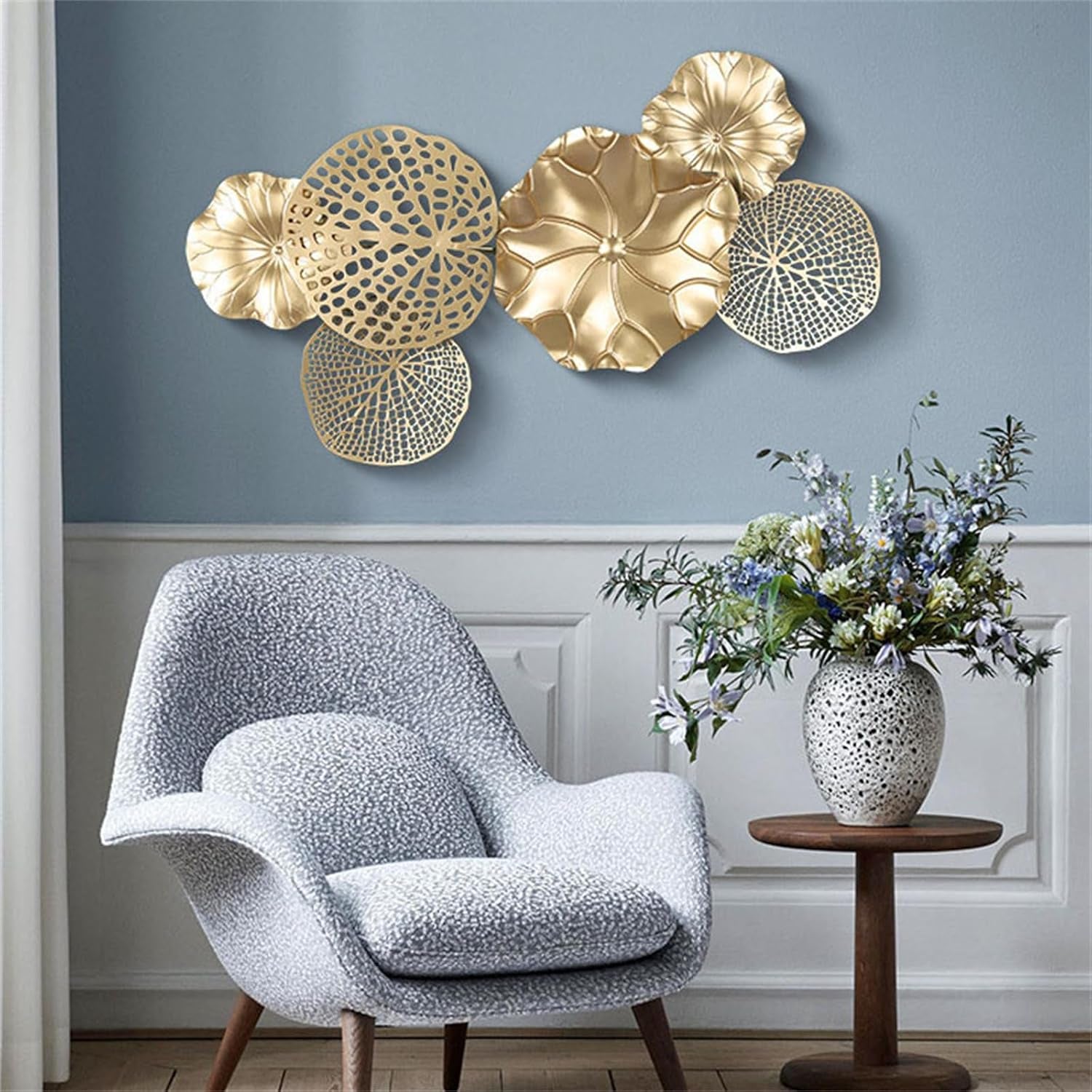 Metall Gold Lotusblatt Wanddekoration Luxus Gestapelte Blumen Wandkunst Dekoration Groß Schmiedeeisen Lotusblatt Metall Wandskulptur Wohnkultur Für Wohnzimmer Schlafzimmer, M