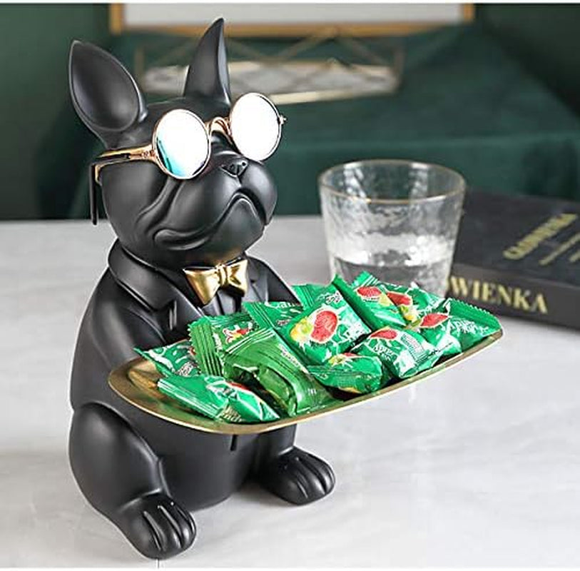 Coole Bulldogge Skulptur Französisch Statue Mit Edelstahl Tablett, Statue, Tischdekoration, Mode, Heimtextilien, Multifunktion, Schreibtisch Lagerung,Schwarz,B