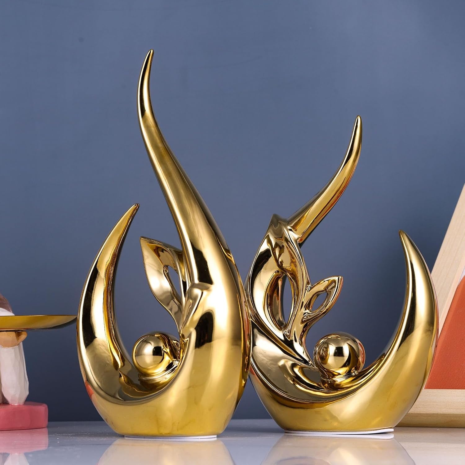 XMGZQ Gold Keramik Statue Satz Von 2,Moderne Abstrakte Skulptur Design,24 Cm Porzellan Figuren Haus Deko,Tischdekoration Für Wohnzimmer,Schlafzimmer,Esszimmer,Büro,Kunststatue