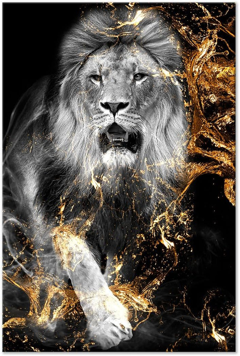 Lion Gold Acrylglasbild | Löwen-Wandbild 120 x 80 cm