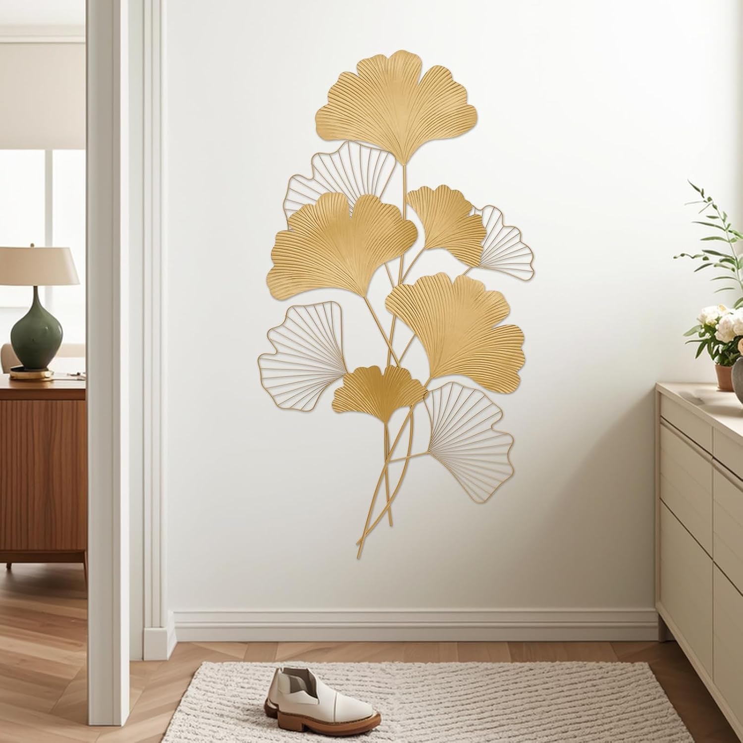 Wanddekoration Ginkgo 3D Wandbild Metall Wanddeko Blätter Wandverzierung Hintergrund Wand Wohnzimmer Elegante Dekoration Wandmontiert Wandskulpturen Für Foyer, Esszimmer, Lobby, Gold, 110X55 Cm