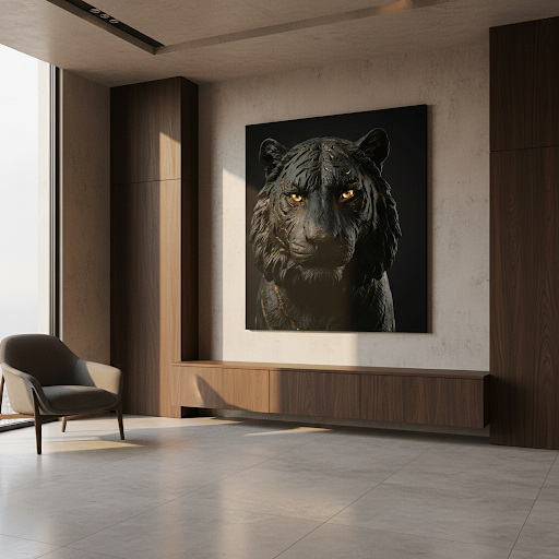 [THE TIGER EYE | Wandbild Tiger Kopf | Fokus & Strategie Kunst | Schwarz Gold Ästhetik] - Luxus Wandbild mit 24 Karat Gold | Dark Luxury Interior & Wanddekoration.