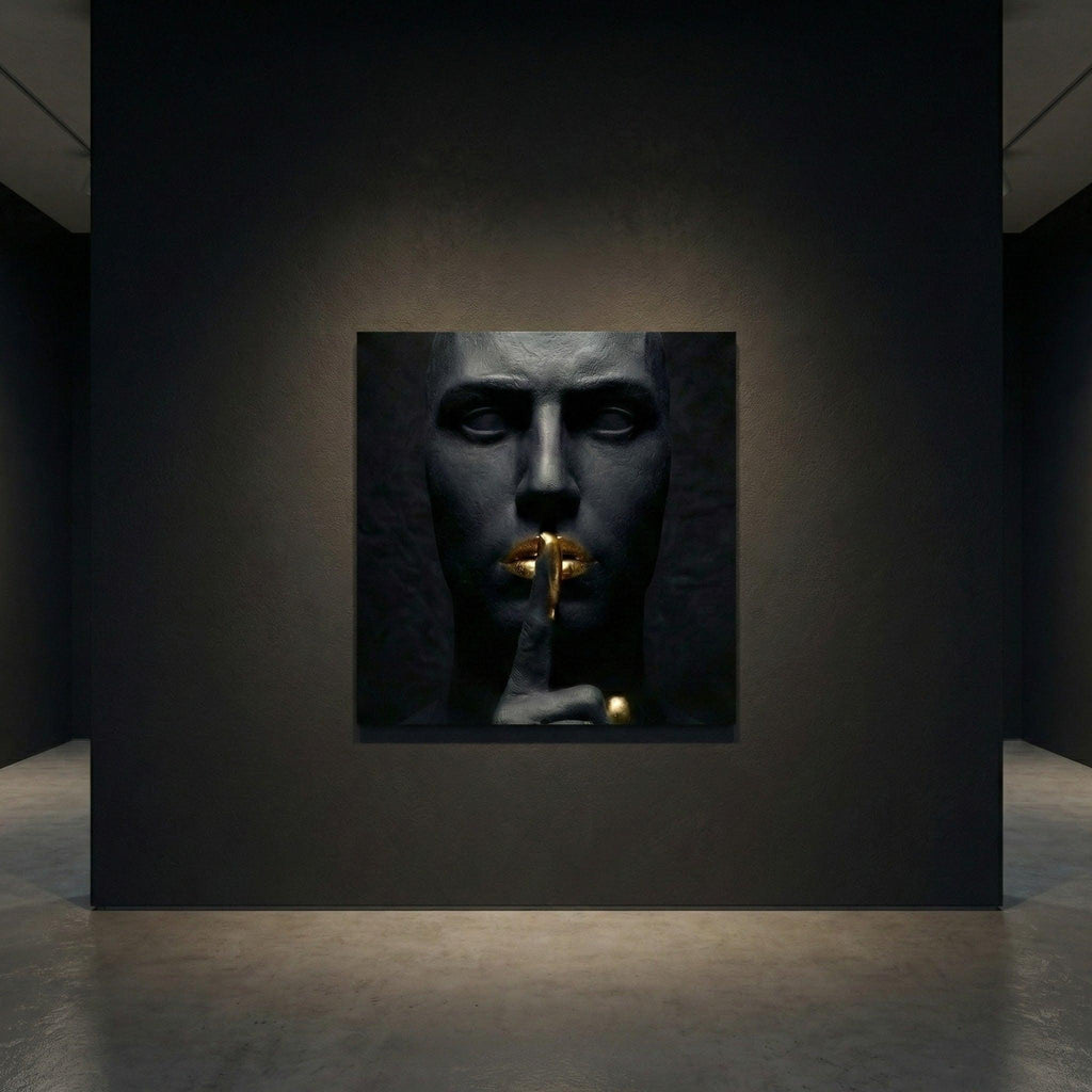 [THE GOLDEN SILENCE |Statue in Obsidian-Optik mit vergoldeten Lippen| Luxus Wandbild für Strategen | High-Res Download] - Luxus Wandbild mit 24 Karat Gold | Dark Luxury Interior & Wanddekoration.