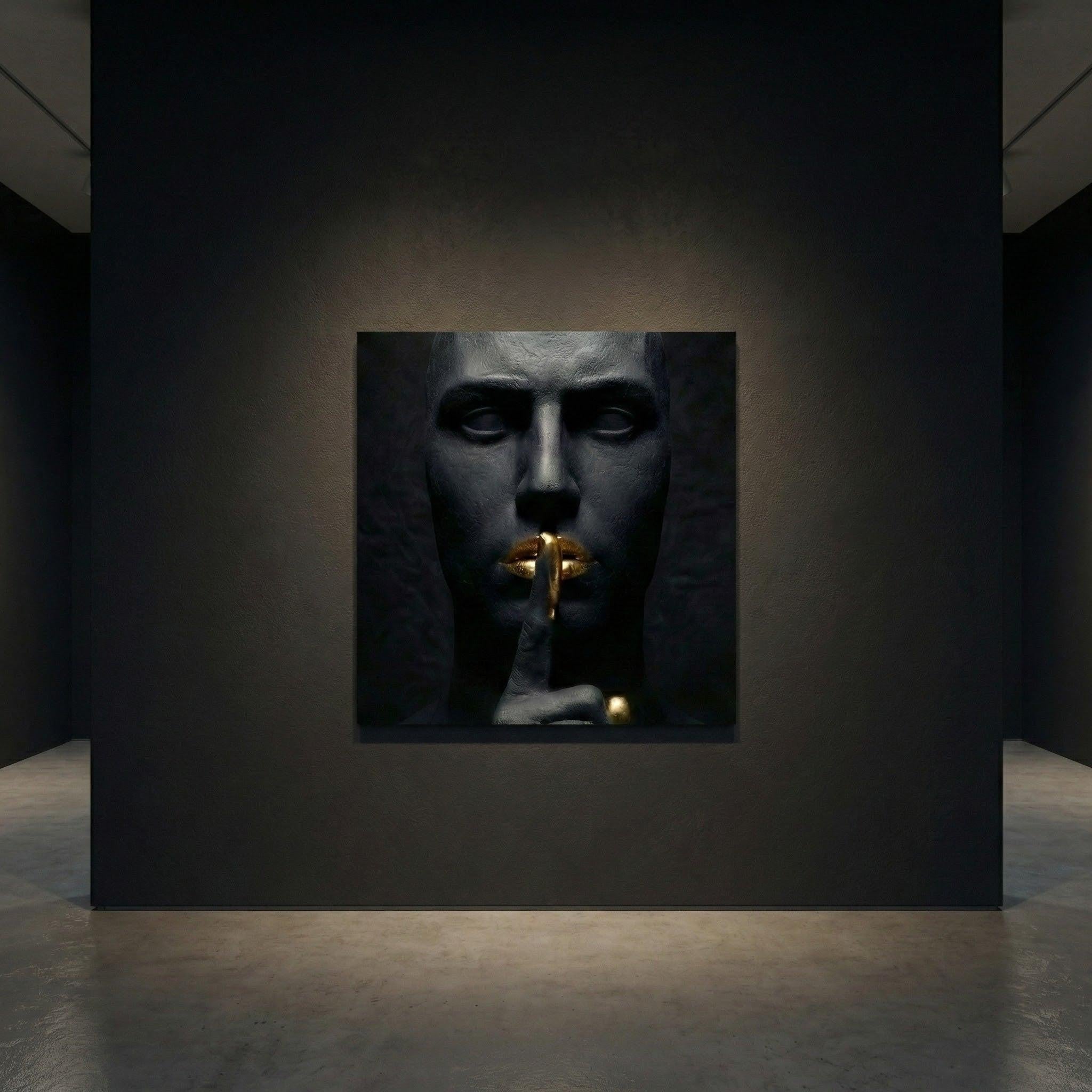 [THE GOLDEN SILENCE |Statue in Obsidian-Optik mit vergoldeten Lippen| Luxus Wandbild für Strategen | High-Res Download] - Luxus Wandbild mit 24 Karat Gold | Dark Luxury Interior & Wanddekoration.