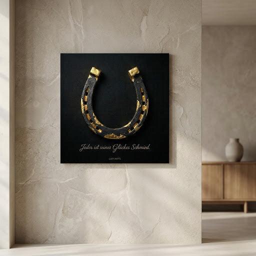 [Vergoldetes Hufeisen – Digitale Kunst | LAFFARTS Gallery] - Luxus Wandbild mit 24 Karat Gold | Dark Luxury Interior & Wanddekoration.