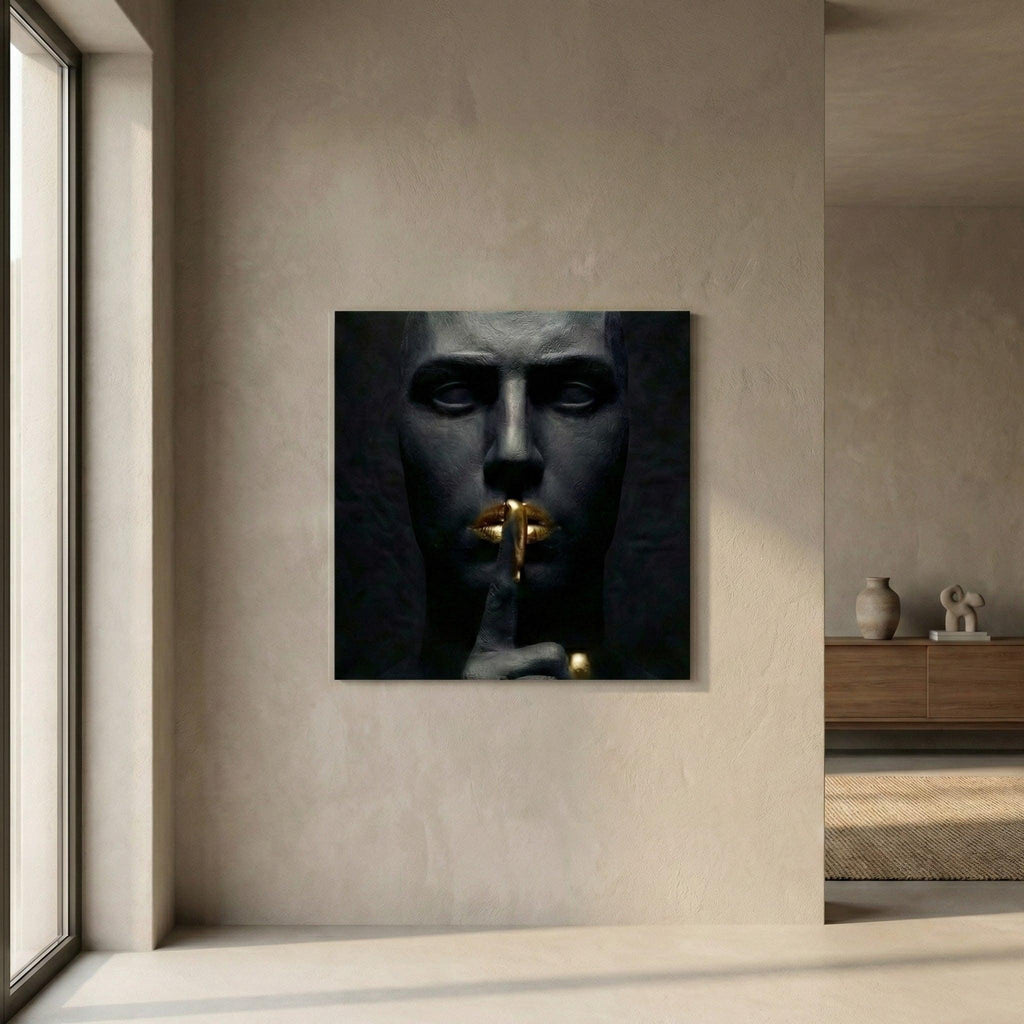 [THE GOLDEN SILENCE |Statue in Obsidian-Optik mit vergoldeten Lippen| Luxus Wandbild für Strategen | High-Res Download] - Luxus Wandbild mit 24 Karat Gold | Dark Luxury Interior & Wanddekoration.