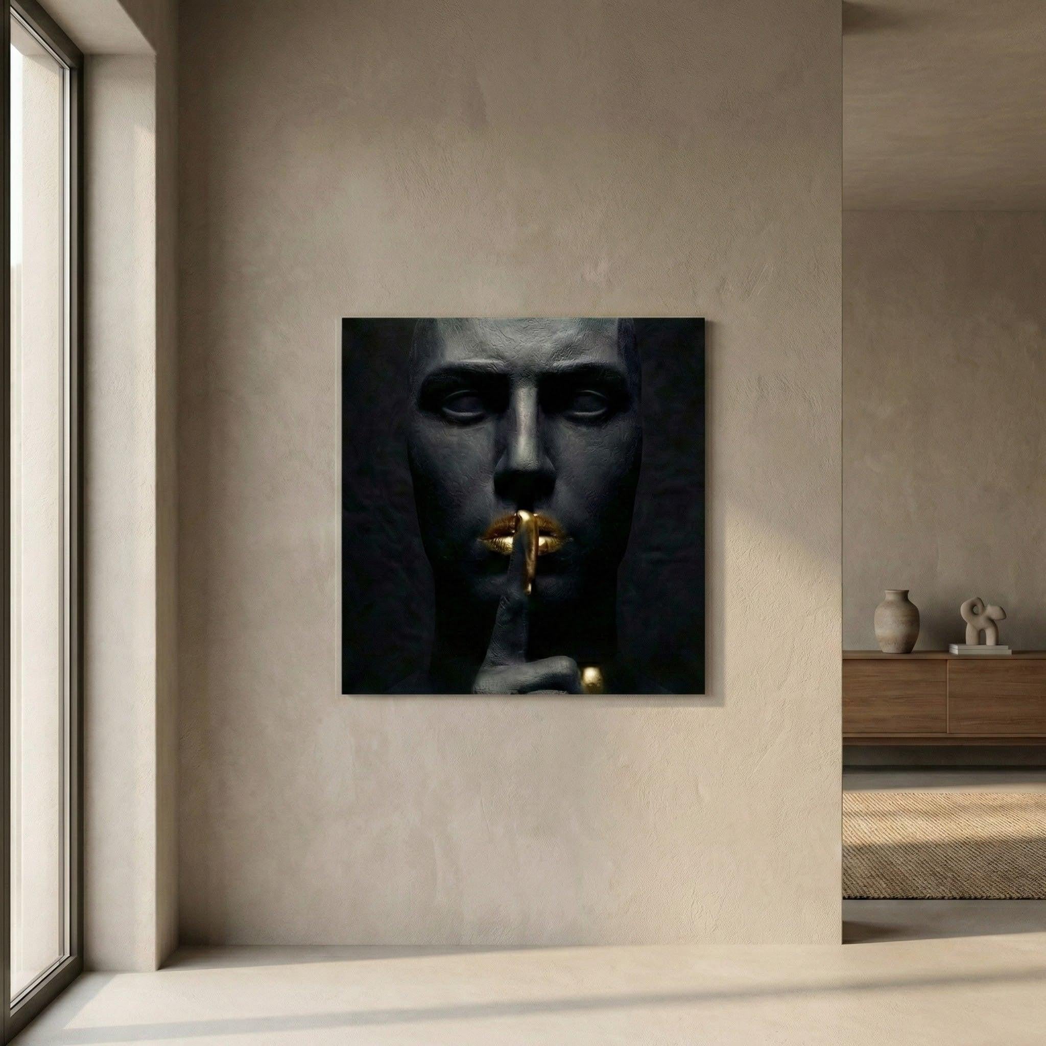 [THE GOLDEN SILENCE |Statue in Obsidian-Optik mit vergoldeten Lippen| Luxus Wandbild für Strategen | High-Res Download] - Luxus Wandbild mit 24 Karat Gold | Dark Luxury Interior & Wanddekoration.