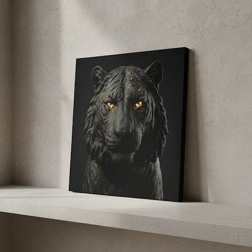 [THE TIGER EYE | Wandbild Tiger Kopf | Fokus & Strategie Kunst | Schwarz Gold Ästhetik] - Luxus Wandbild mit 24 Karat Gold | Dark Luxury Interior & Wanddekoration.