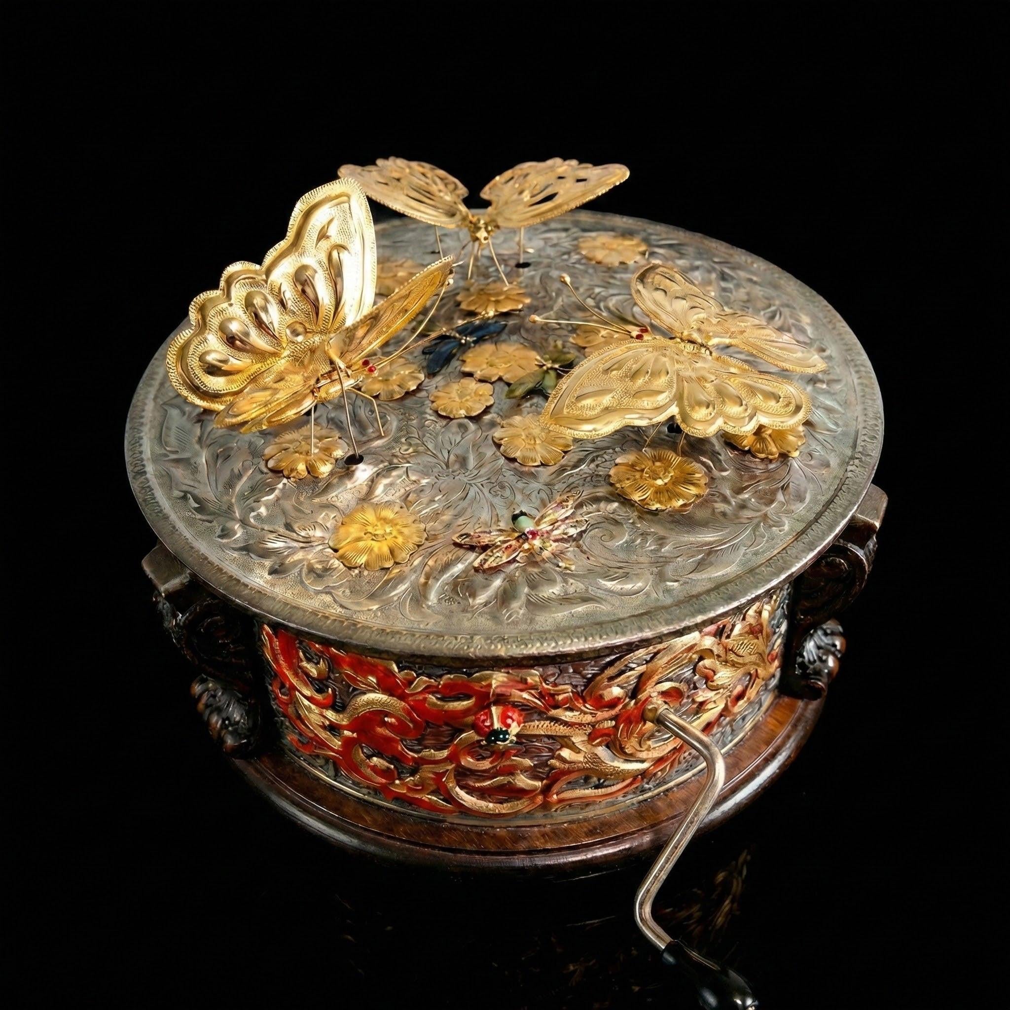 [Mechanische Spieluhr „Butterflies“  Handgefertigtes Einzelstück von Sergey Filippenko] - Luxus Wandbild mit 24 Karat Gold | Dark Luxury Interior & Wanddekoration.