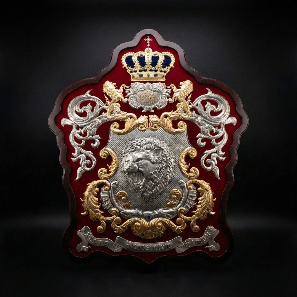 [The Dynasty Shield (115cm) – Heraldisches Meisterwerk von Sergey Filippenko] - Luxus Wandbild mit 24 Karat Gold | Dark Luxury Interior & Wanddekoration.