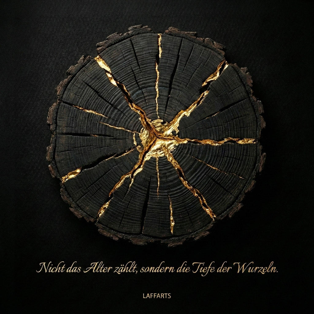 [Wandkunst „Tiefe der Wurzeln“ – Goldene Kintsugi-Ästhetik auf tiefschwarzem Grund | LAFFARTS] - Luxus Wandbild mit 24 Karat Gold | Dark Luxury Interior & Wanddekoration.