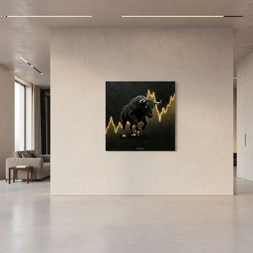 [THE GOLDEN BULL | Wall Street Trading Art | Börsen & Mindset Wandbild für Trader | Luxus Büro Deko Gold] - Luxus Wandbild mit 24 Karat Gold | Dark Luxury Interior & Wanddekoration.