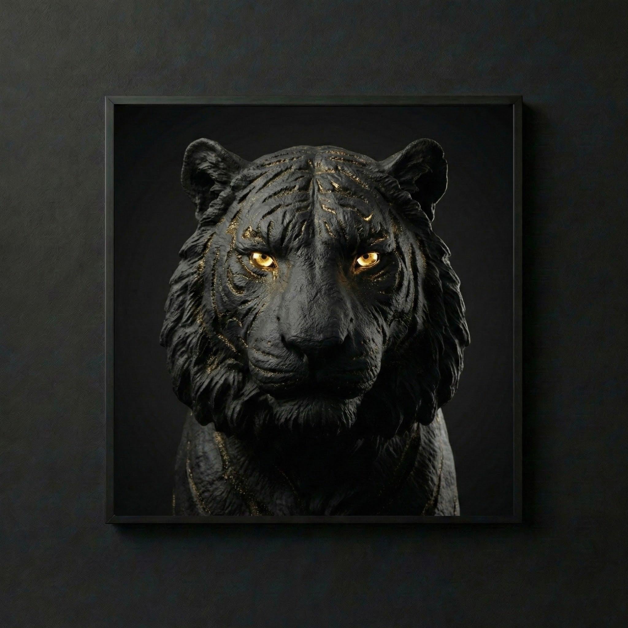 [THE TIGER EYE | Wandbild Tiger Kopf | Fokus & Strategie Kunst | Schwarz Gold Ästhetik] - Luxus Wandbild mit 24 Karat Gold | Dark Luxury Interior & Wanddekoration.