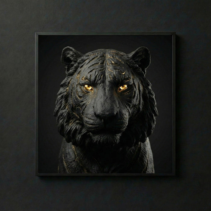 THE TIGER EYE | Wandbild Tiger Kopf | Fokus & Strategie Kunst | Schwarz Gold Ästhetik