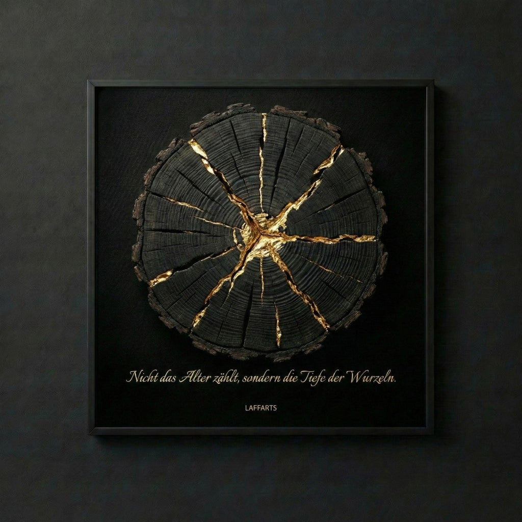 [Wandkunst „Tiefe der Wurzeln“ – Goldene Kintsugi-Ästhetik auf tiefschwarzem Grund | LAFFARTS] - Luxus Wandbild mit 24 Karat Gold | Dark Luxury Interior & Wanddekoration.