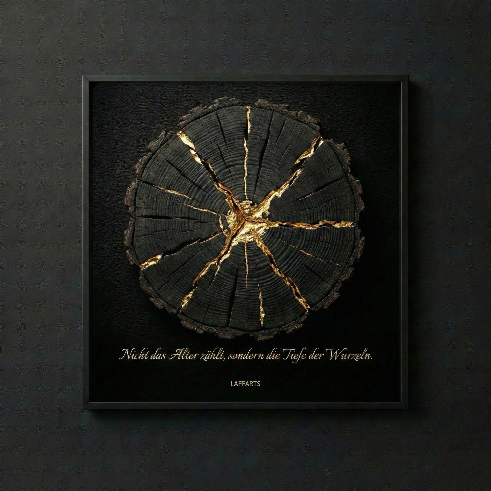 [Wandkunst „Tiefe der Wurzeln“ – Goldene Kintsugi-Ästhetik auf tiefschwarzem Grund | LAFFARTS] - Luxus Wandbild mit 24 Karat Gold | Dark Luxury Interior & Wanddekoration.