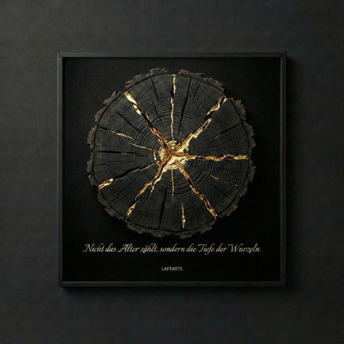 Wandkunst „Tiefe der Wurzeln“ – Goldene Kintsugi-Ästhetik auf tiefschwarzem Grund | LAFFARTS
