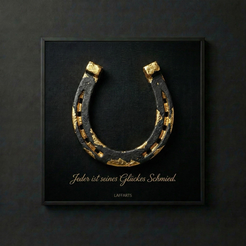 [Vergoldetes Hufeisen – Digitale Kunst | LAFFARTS Gallery] - Luxus Wandbild mit 24 Karat Gold | Dark Luxury Interior & Wanddekoration.