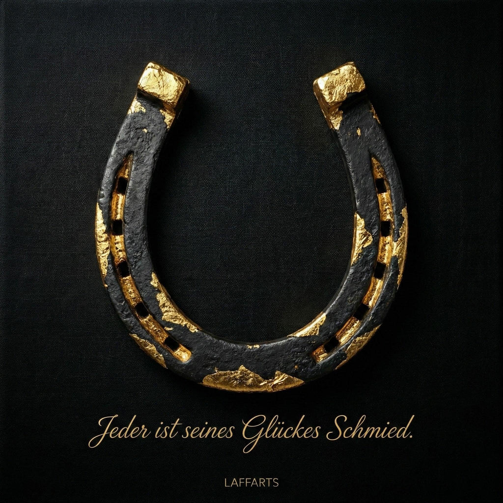 [Vergoldetes Hufeisen – Digitale Kunst | LAFFARTS Gallery] - Luxus Wandbild mit 24 Karat Gold | Dark Luxury Interior & Wanddekoration.
