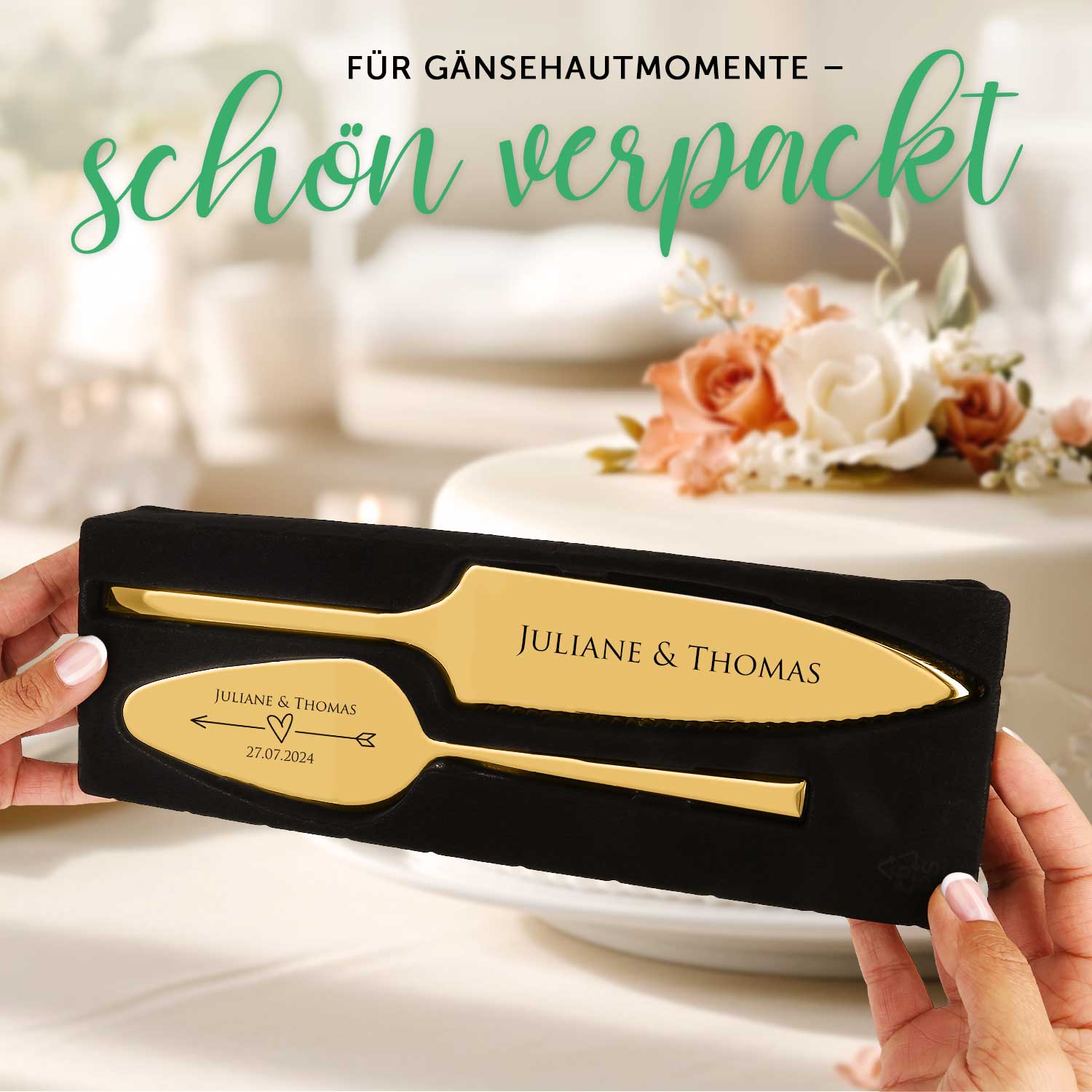 Golden cake cutlery flower tendril with engraving | Wedding gift