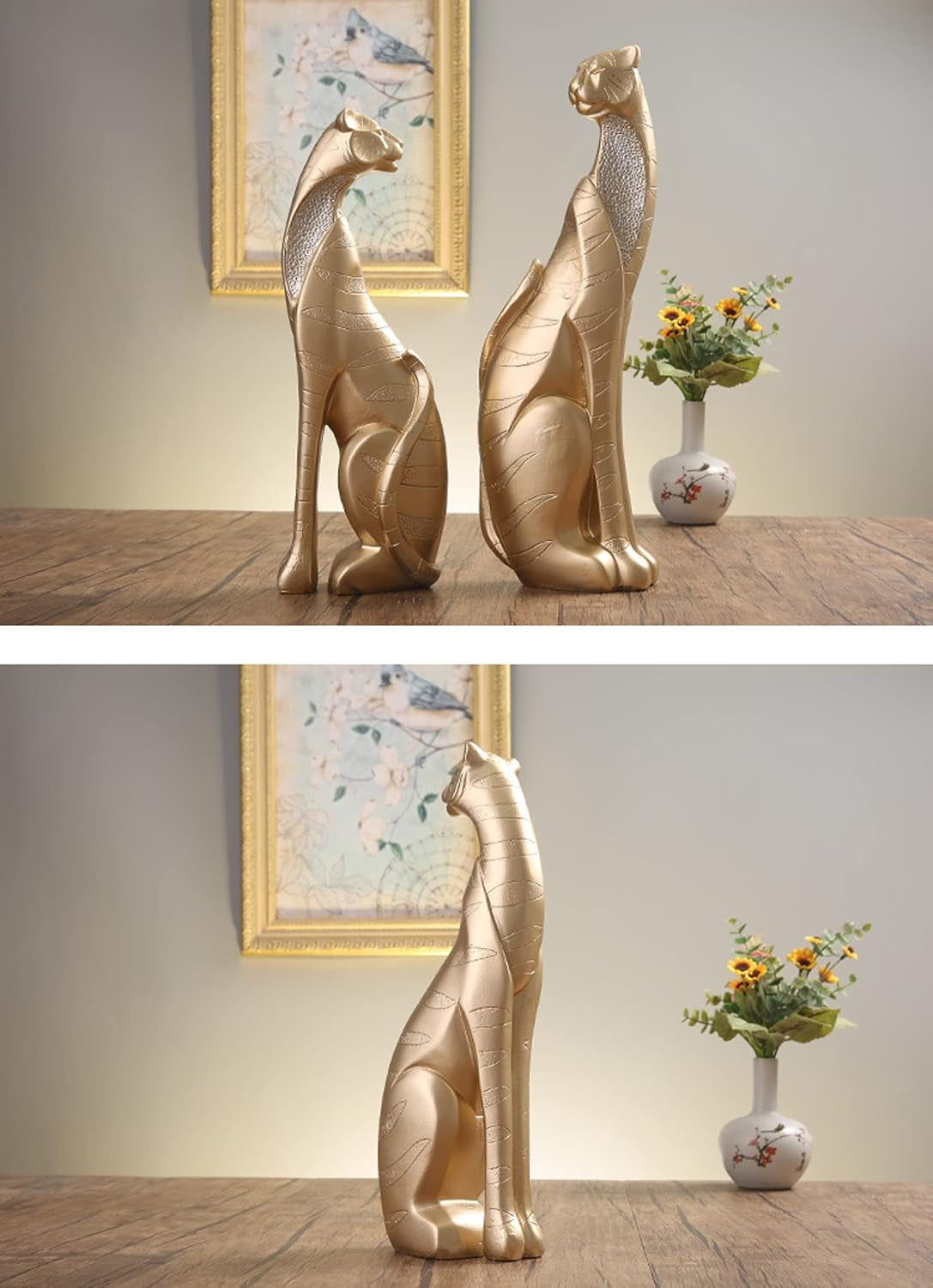 Leopard Duo Gold-Blue | Geometrische Raubkatzen-Skulpturen
