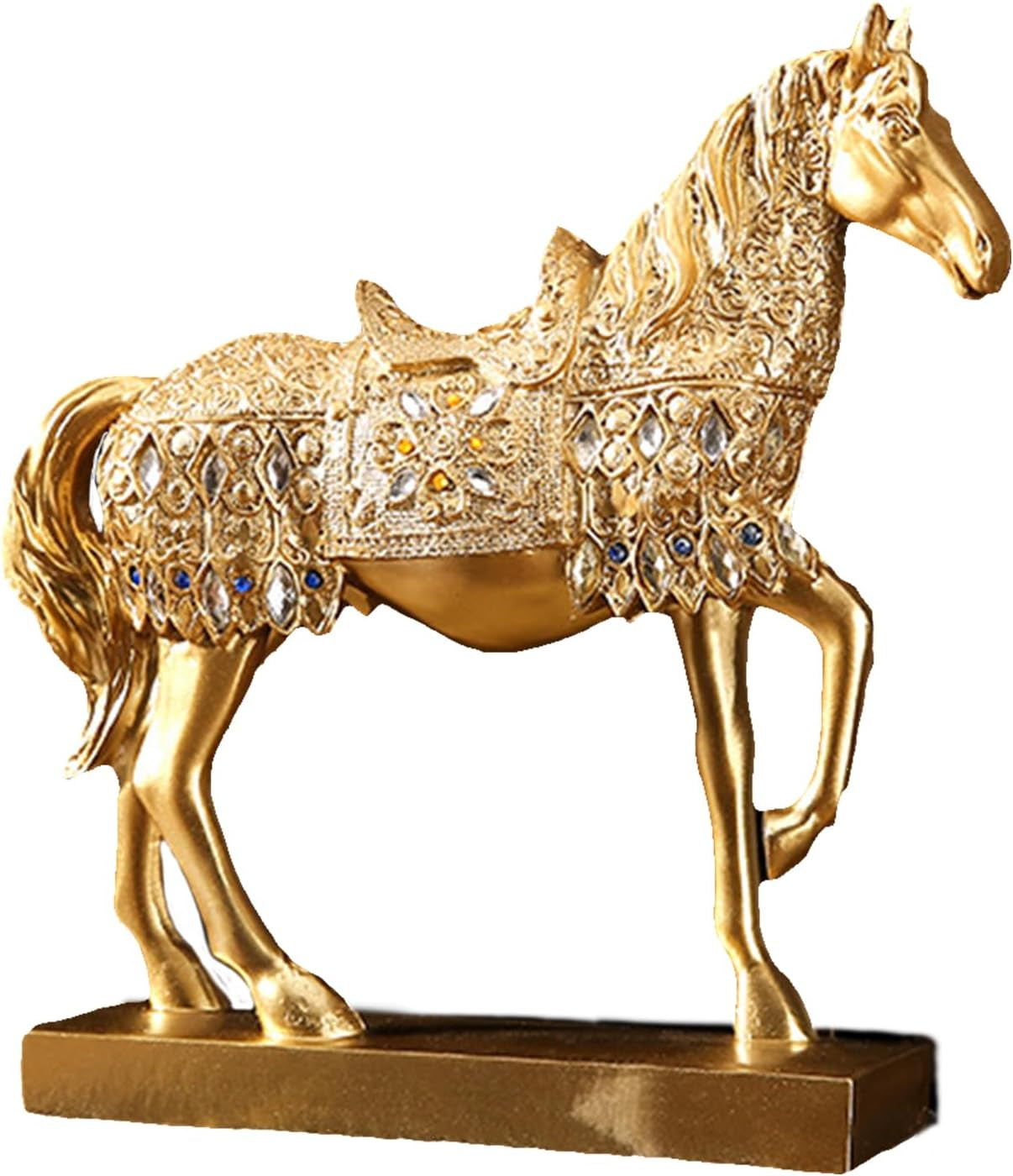 Pferd Figurine Aus Resin, Feng Shui Pferdeskulptur Für Home-Office, Schreibtisch & Weinregal, Tier Kunst Deko, 26X6.5X26Cm, 800G (Gold)