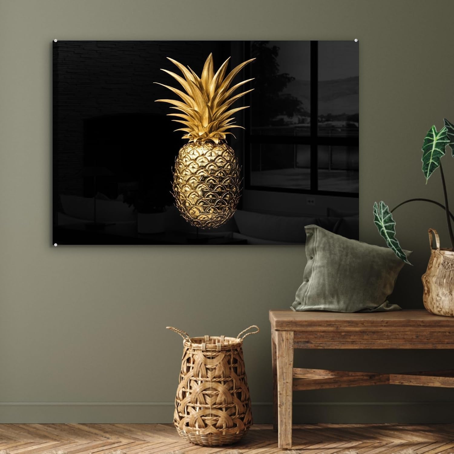 Pineapple Gold Glasbild Schwarz-Gold 120 x 80 cm
