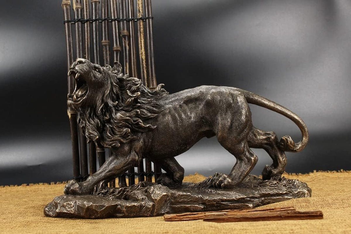 Große Brüllende Löwe Skulptur Handgefertigt in Bronze-Optik Lebensgroß | Echter Löwe Figur Als Motivation Für Unternehmer | Deko Figur in Schwarz-Gold Statue Groß