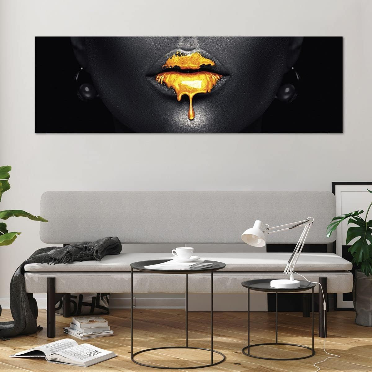 Golden Lips Glasbild XXL | Panorama Wandbild 160 x 50 cm