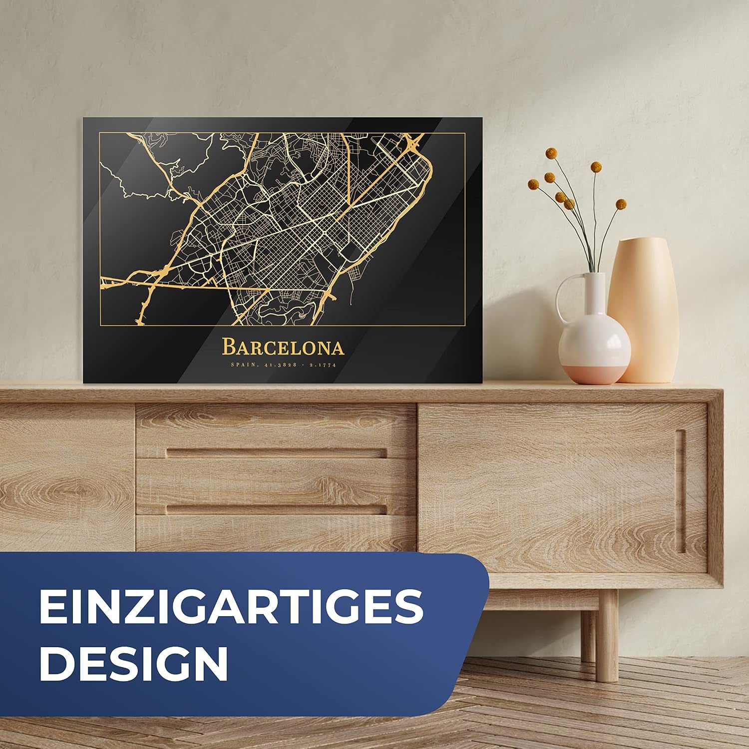 Muchowow Glasbild Glasfoto Wandbild Bilder Deko 60X40 Cm Karte - Barcelona - Gold - Schwarz