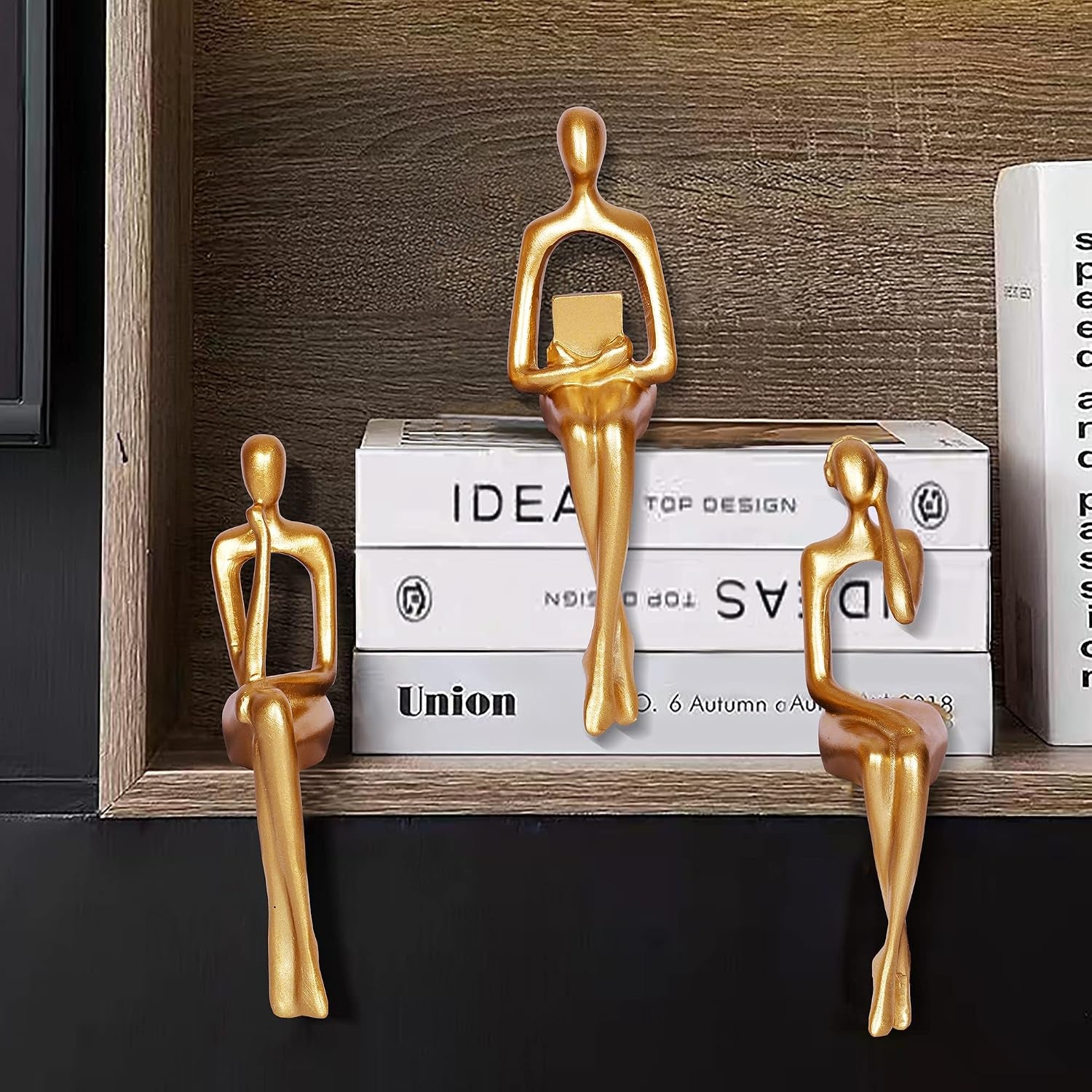 3 Stück Gold Dekor Denker Statue Abstrakte Kunst Skulptur Dekorationen Lesen Frauen Figur Modern Sitzregal Dekor Für Wohnkultur Wohnzimmer Bücherregal Couchtisch Desktop Büro Dekoration (Gold)