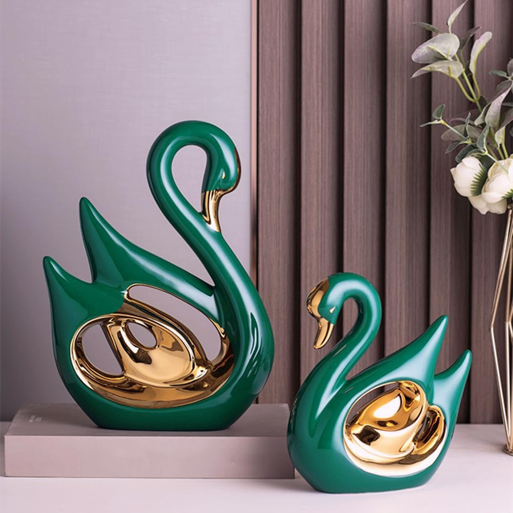 Swan Duo Gold-Grün Keramik-Skulpturen-Set