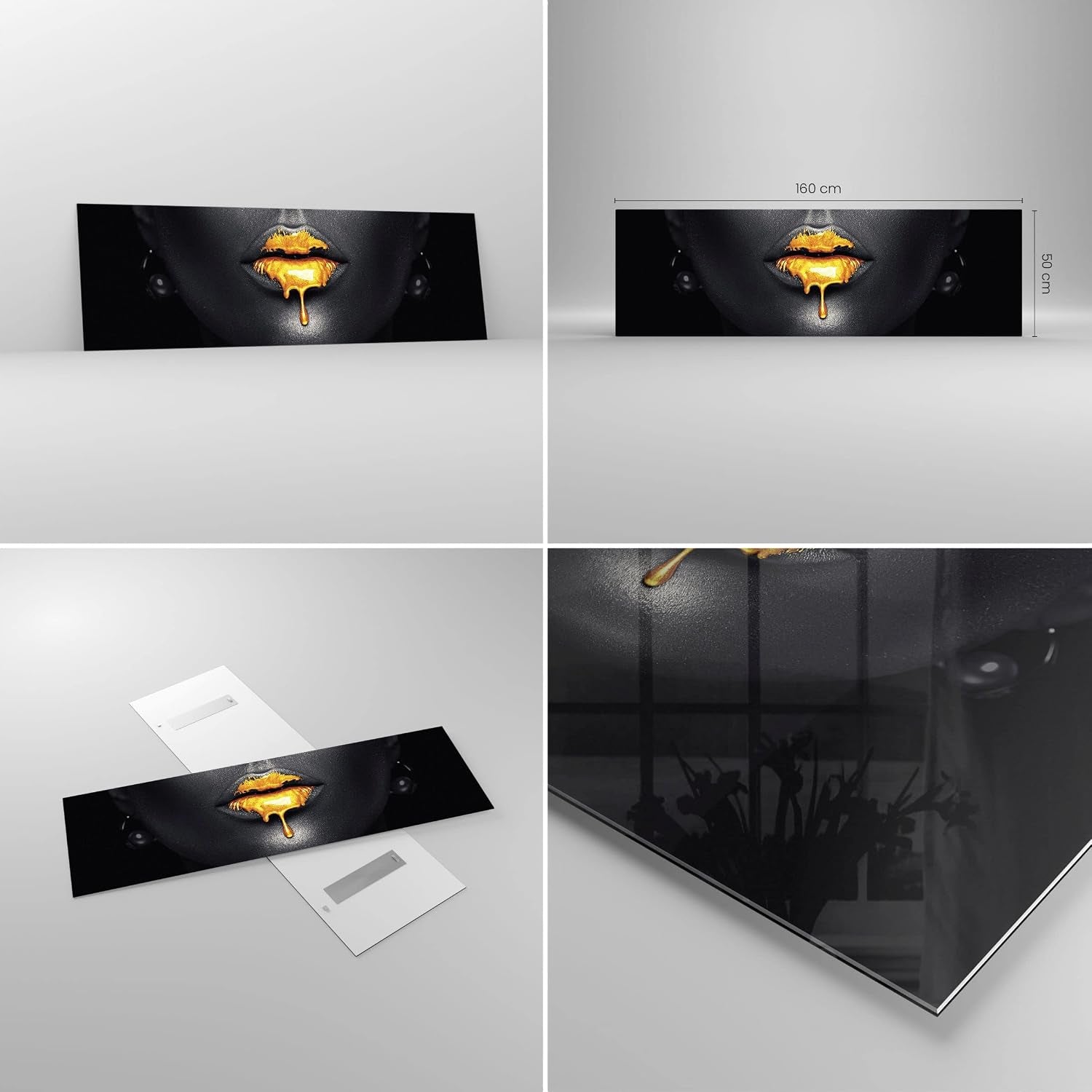 Golden Lips Glasbild XXL | Panorama Wandbild 160 x 50 cm