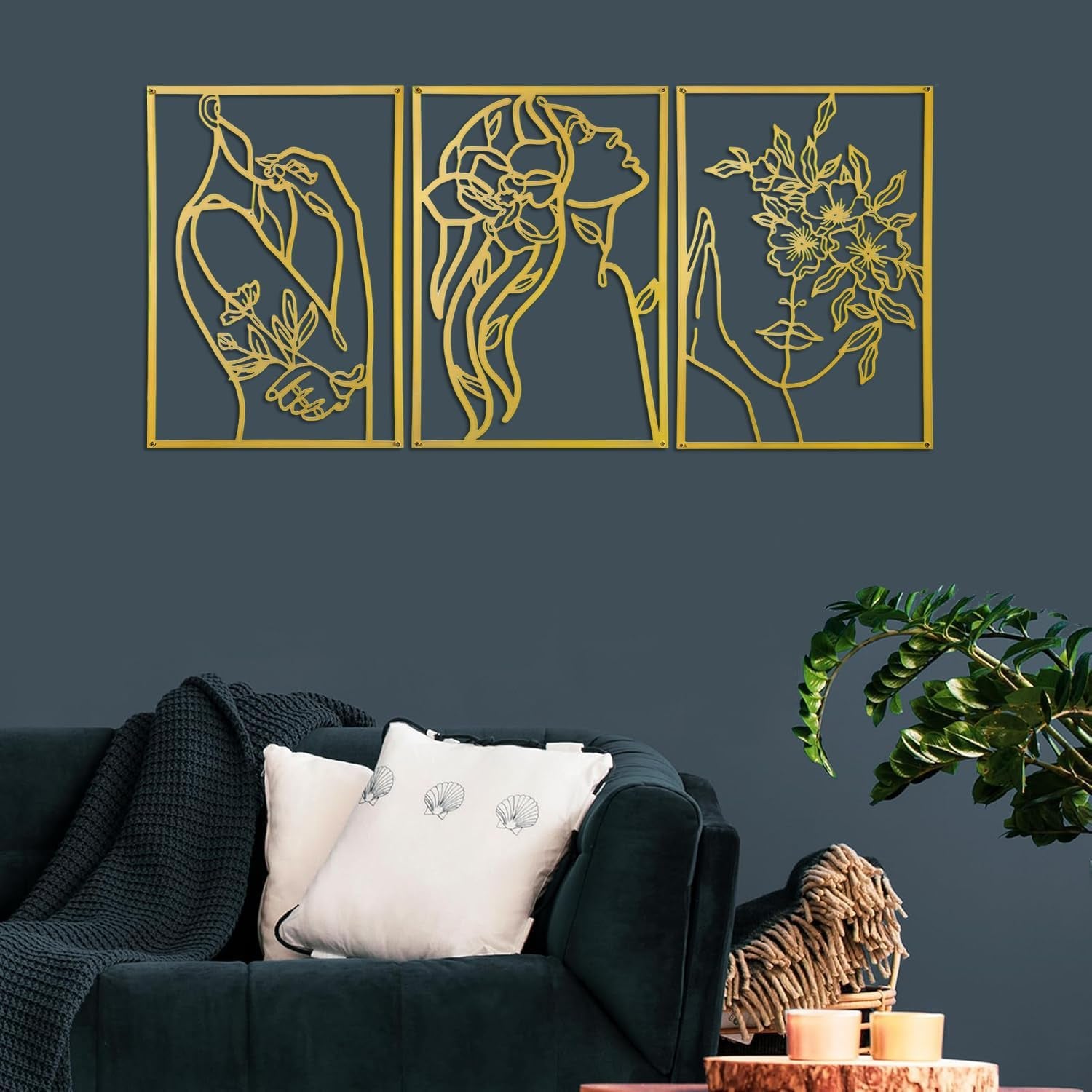 Gold Line Art 3er-Set 28 x 38 cm | Metall-Wanddeko