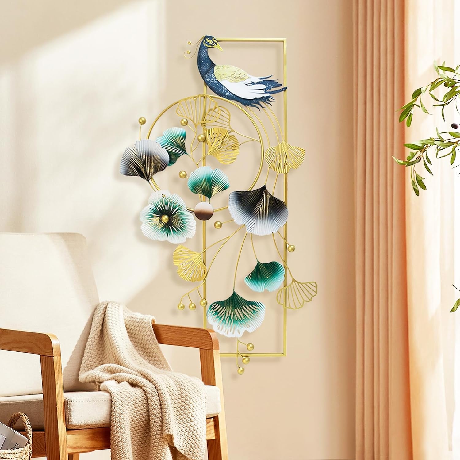 Wanddeko Wohnzimmer, 89 X 45Cm 3D Wanddekoration Wohnzimmer Wall Wanddeko Pfau Und Ginkgo Blätter Metall Wand Deko Hängende Esszimmer Korridor Wanddekoration 3D Wandbild Wall Decor