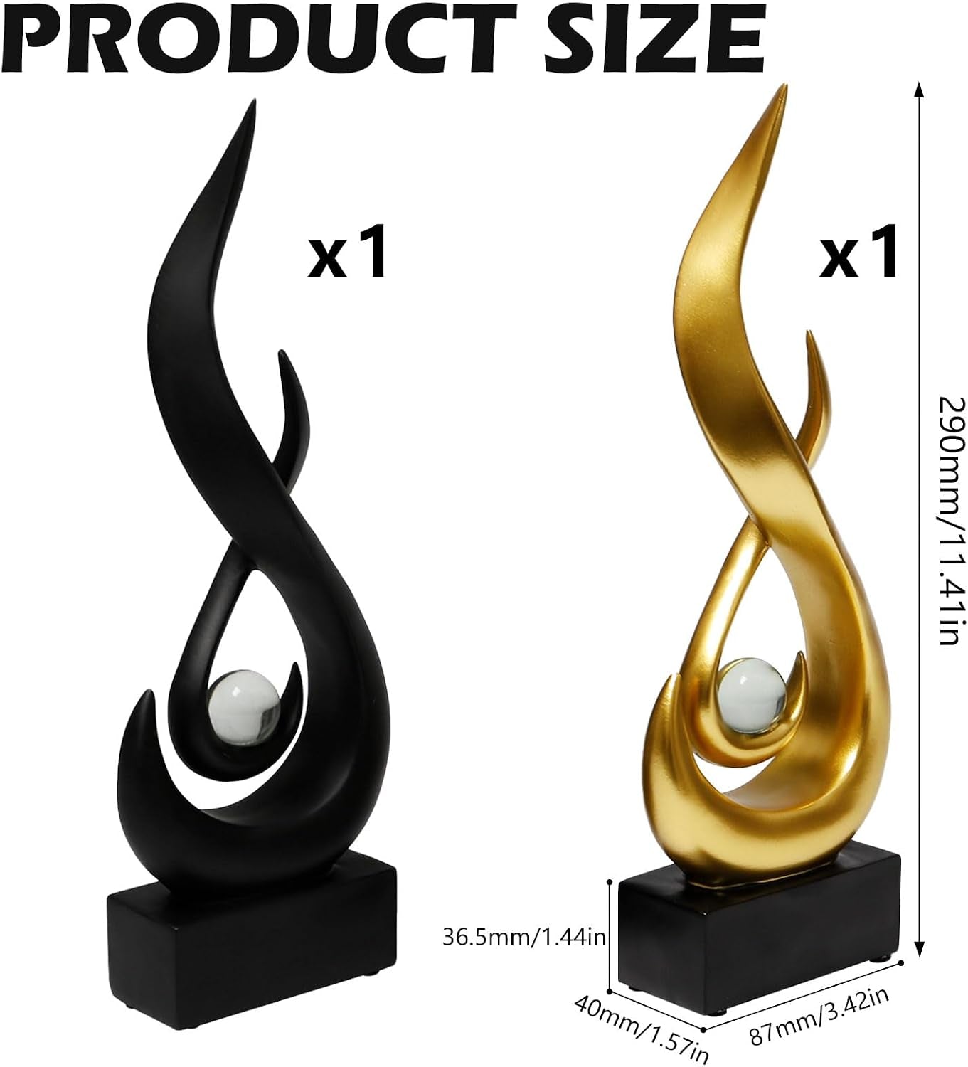 2 Stück Deko Flamme Skulptur Moderne Skulpturen Dekor Aus Kunstharz 29 X 8.7 X 4 Cm Abstrakte Kunst Skulptur Flamme Deko Moderne Statue Mit Glaskugel Für Wohnzimmer Büro Regal (Gold, Schwarz)