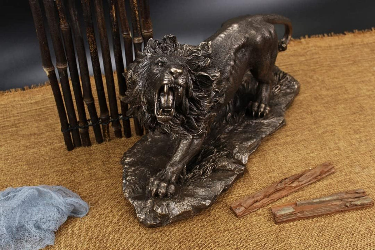 Große Brüllende Löwe Skulptur Handgefertigt in Bronze-Optik Lebensgroß | Echter Löwe Figur Als Motivation Für Unternehmer | Deko Figur in Schwarz-Gold Statue Groß