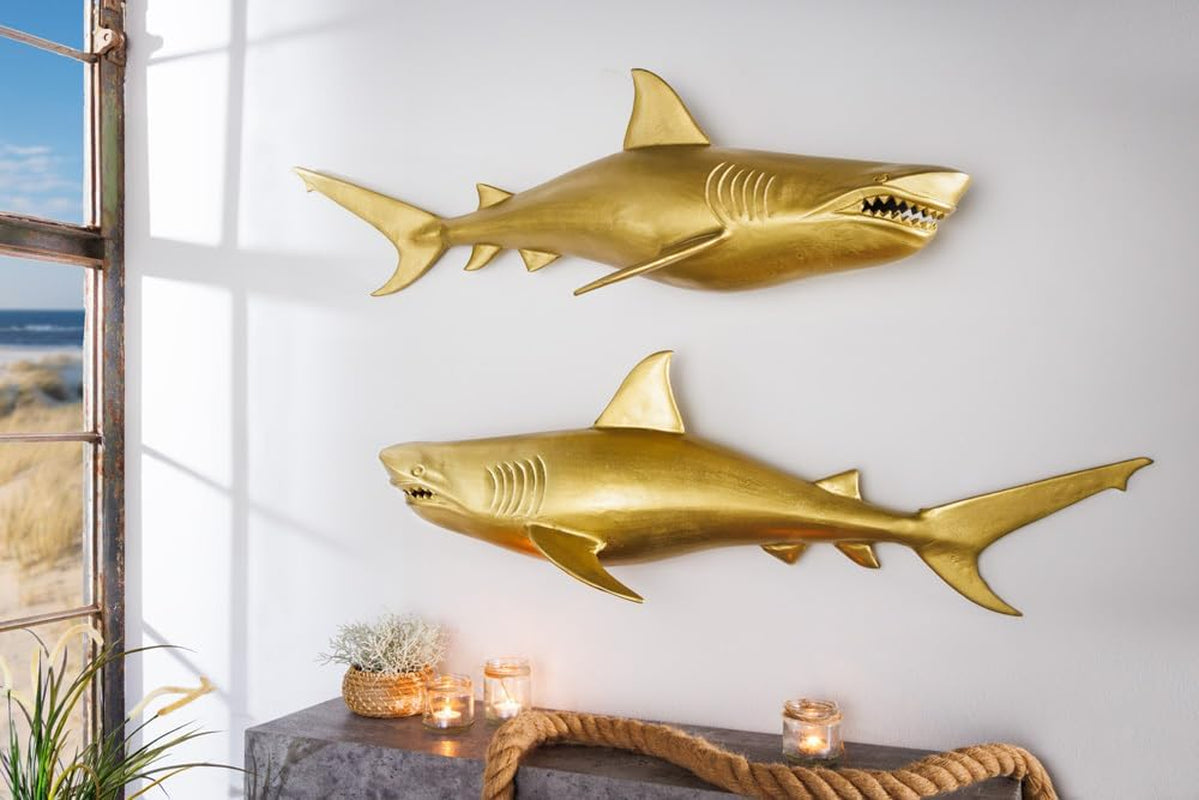 Riess Ambiente Maritime Wanddekoration HAI - 105Cm - Gold - Rechts Metall Handmade Haifisch Design Skulptur Dekofigur Dekoration