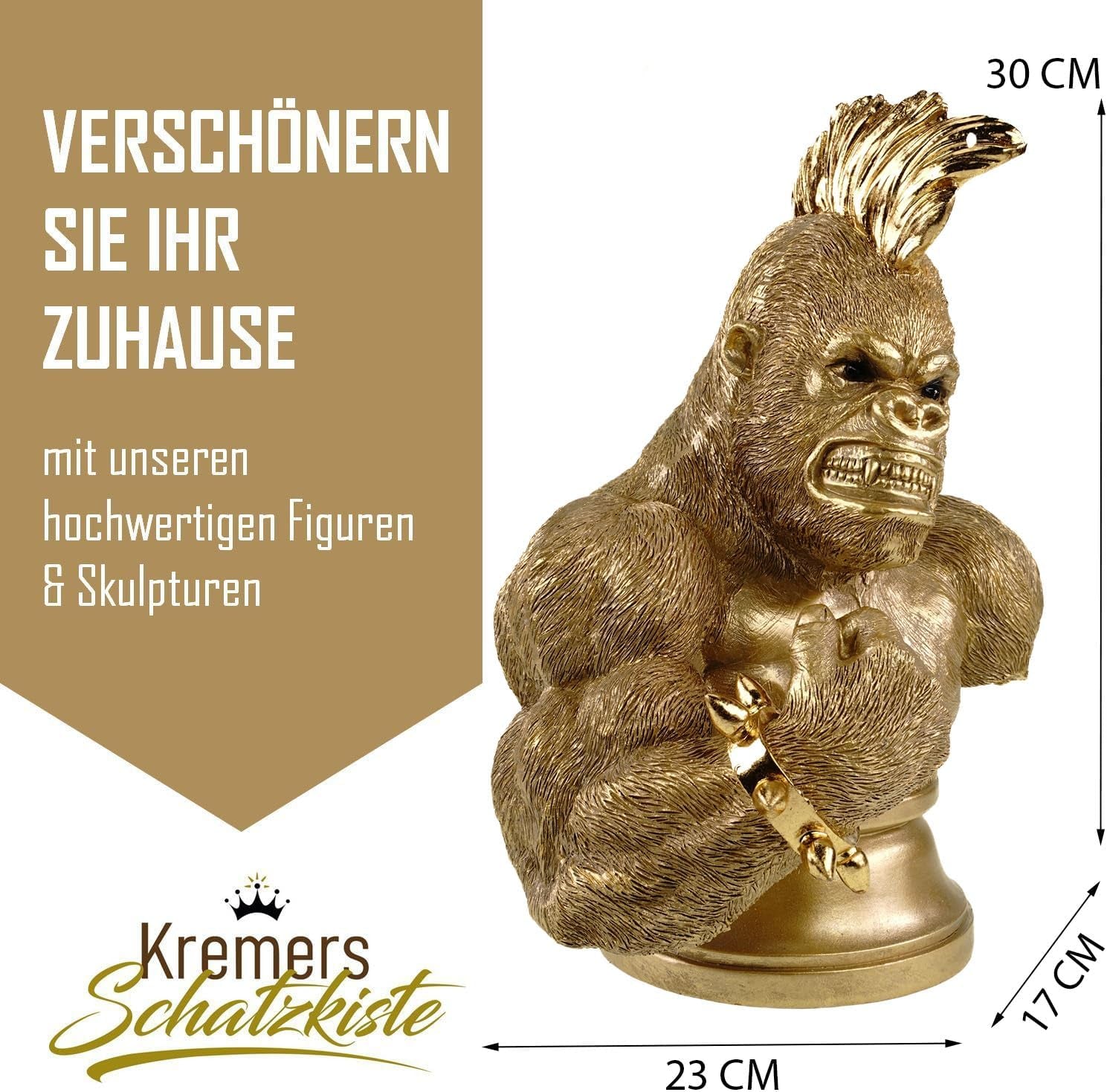 Gold Gorilla Bust 30 x 23 x 17 cm | XXL Tier-Skulptur