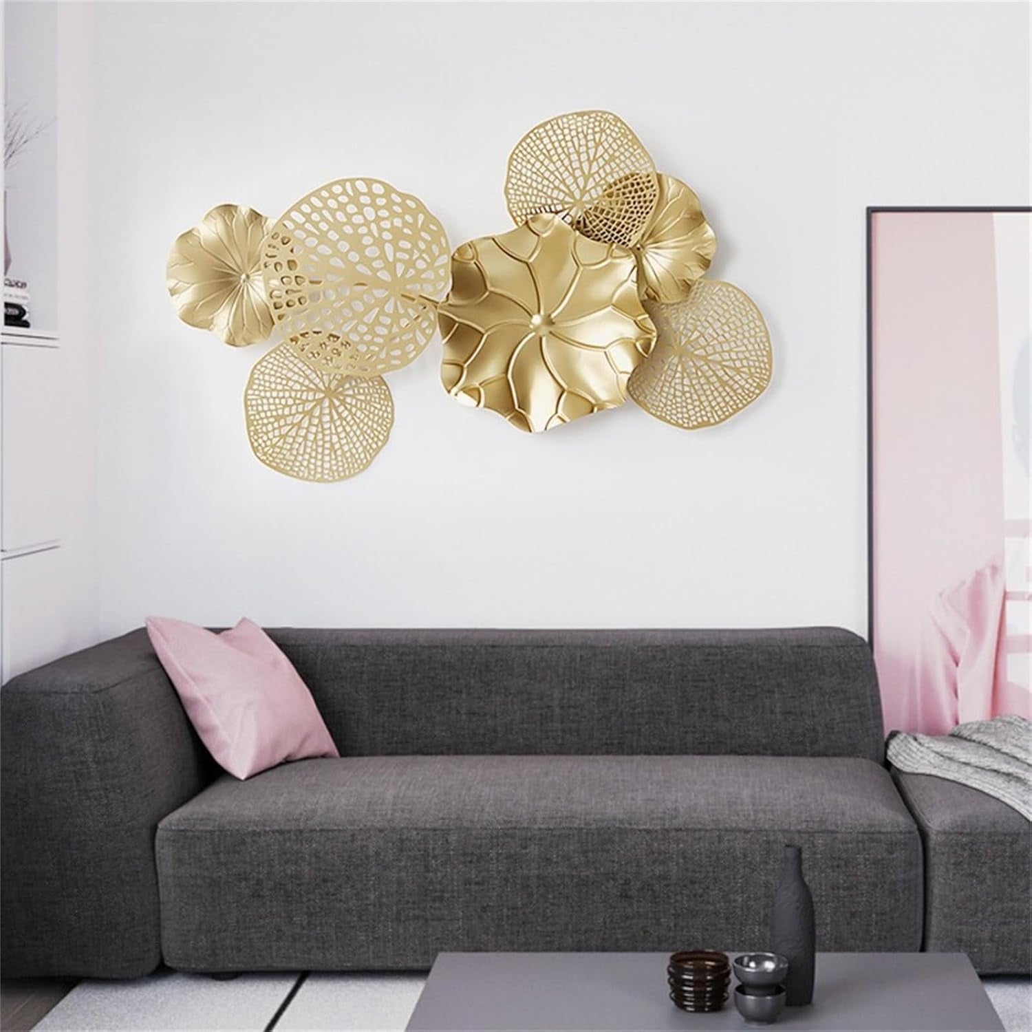 Metall Gold Lotusblatt Wanddekoration Luxus Gestapelte Blumen Wandkunst Dekoration Groß Schmiedeeisen Lotusblatt Metall Wandskulptur Wohnkultur Für Wohnzimmer Schlafzimmer, M