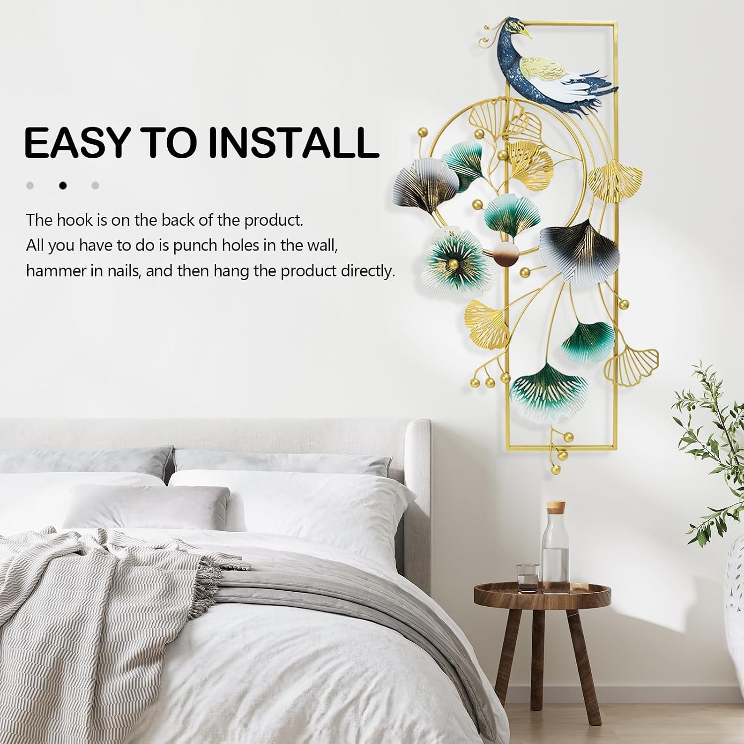 Wanddeko Wohnzimmer, 89 X 45Cm 3D Wanddekoration Wohnzimmer Wall Wanddeko Pfau Und Ginkgo Blätter Metall Wand Deko Hängende Esszimmer Korridor Wanddekoration 3D Wandbild Wall Decor