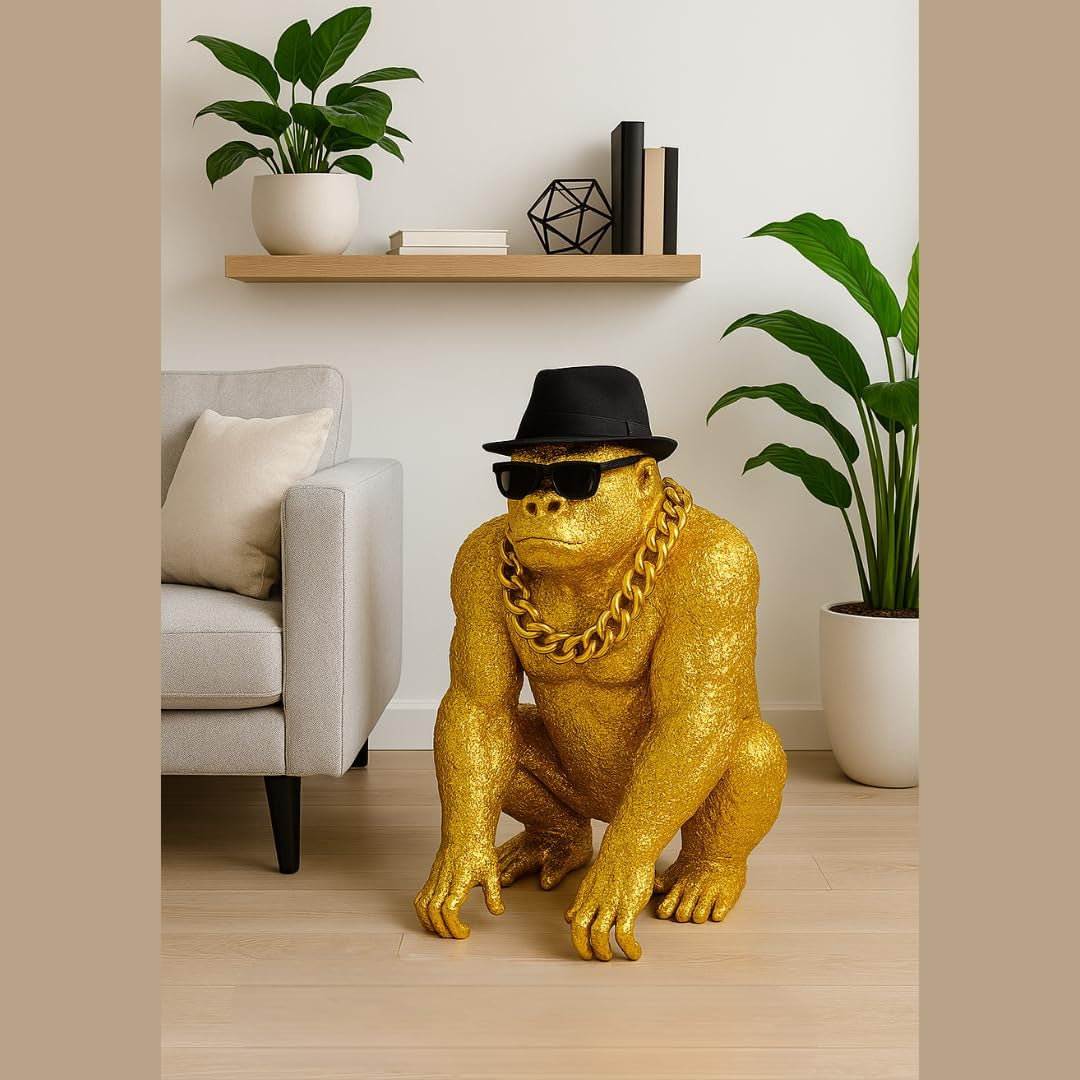 Bongo Gold – Statue Gorilla Gold Premium Dekofigur Mit Brille & Kette Gold – Skulptur Design XXL – Außergewöhnliche Französische Kreation Für Wohnzimmer Büro (Gold)